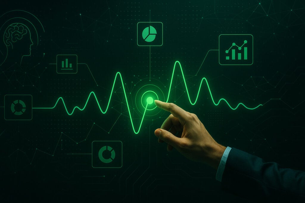 metodologia-boria-sistema-marketing Mão humana tocando um ponto central em uma rede de dados com gráficos e linhas neon verde