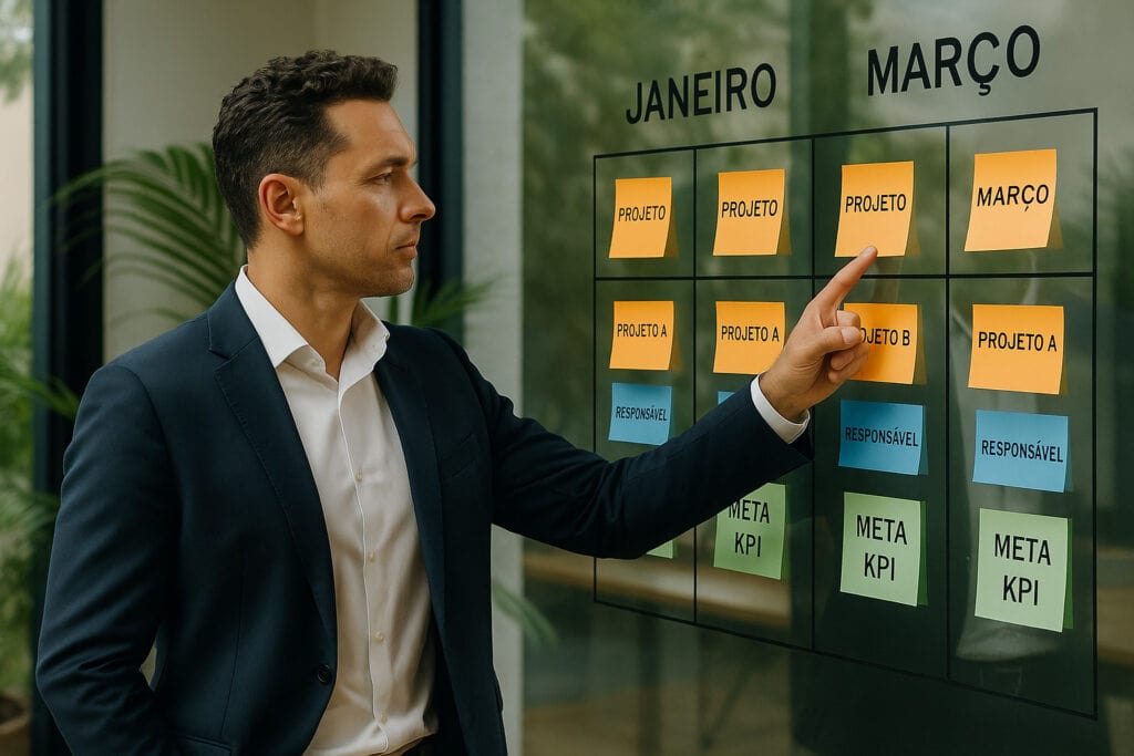 Empresário brasileiro planejando os projetos do trimestre em painel com metas, prazos e KPIs