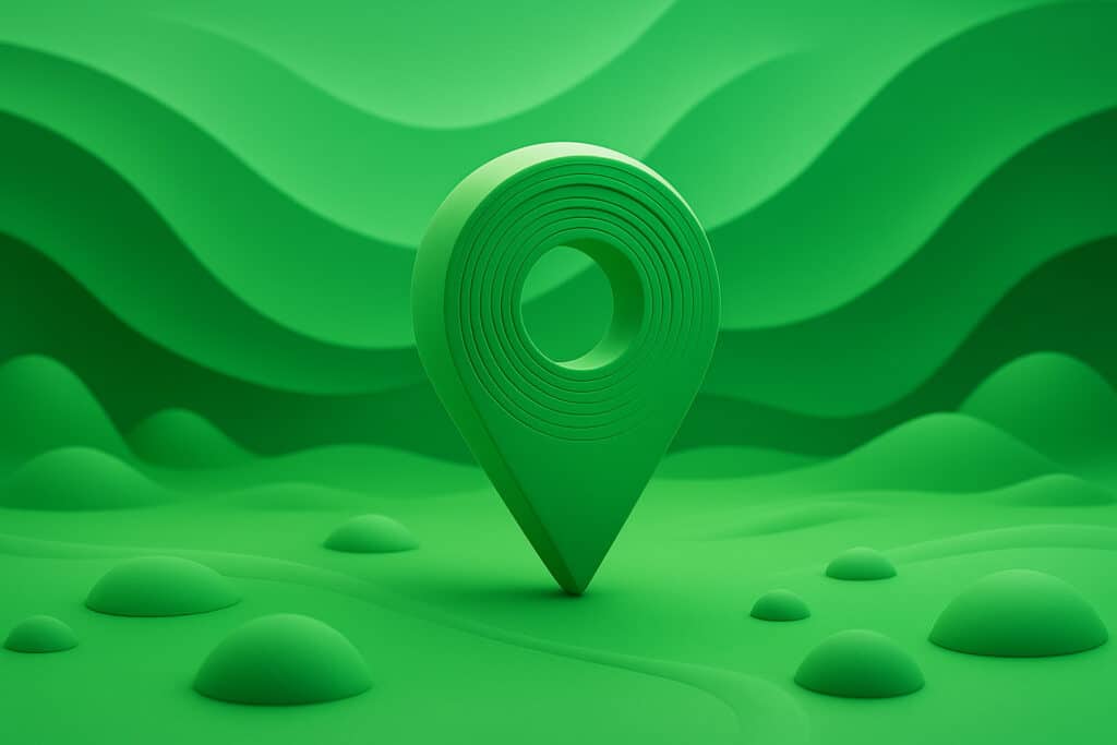 Pin de localização estilizado em tons de verde representando o conceito de SEO Local