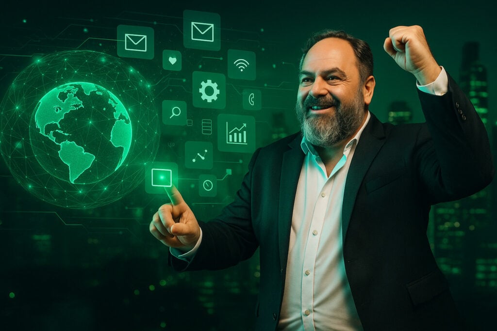 Empresário maduro em São Paulo interagindo com interface digital representando transformação e evolução digital