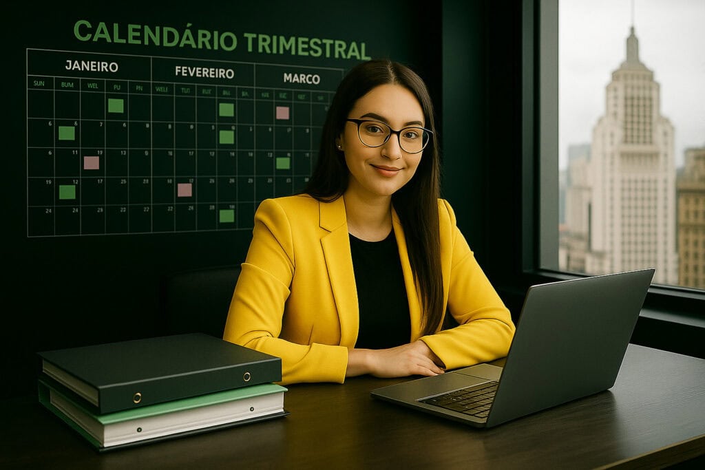 Profissional de marketing em São Paulo planejando o calendário trimestral de conteúdo em um ambiente de escritório moderno