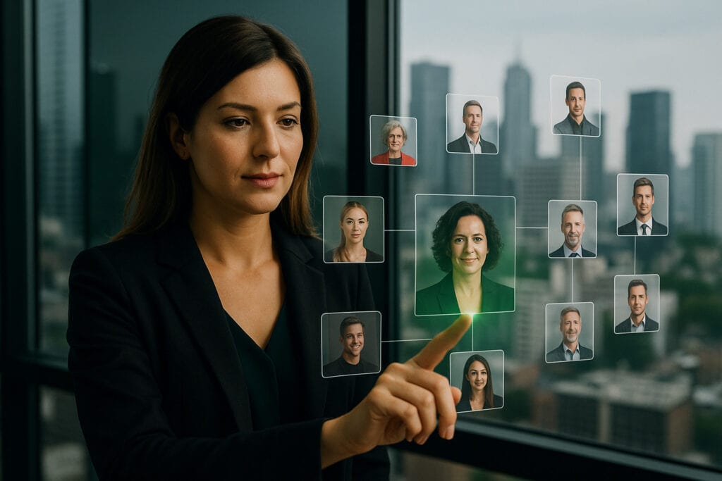 Profissional em São Paulo analisando contatos em uma interface digital para prospecção ativa