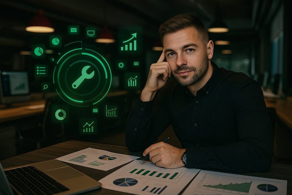 Empresário em São Paulo analisando relatórios e gráficos de marketing em um ambiente de coworking moderno