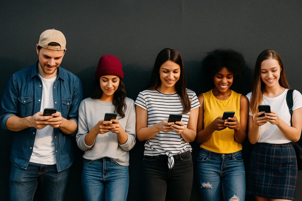 Grupo de jovens profissionais em São Paulo interagindo com smartphones em um ambiente urbano