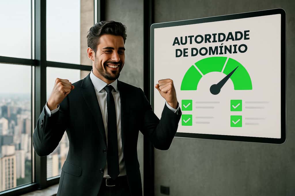 Empresário em São Paulo comemorando o aumento da autoridade de domínio do site da sua PME no Google