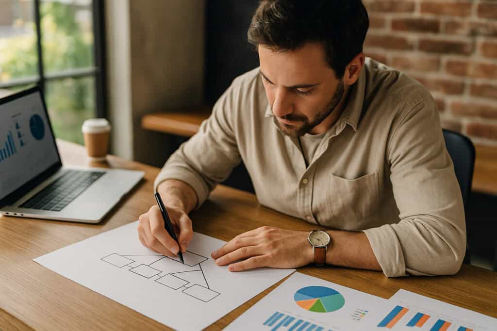 Empresário trabalhando em São Paulo, criando estratégias de posicionamento de marca para sua PME